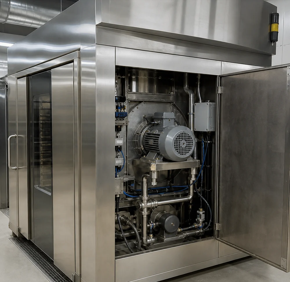 Motor expuesto de un horno industrial durante una inspección de mantenimiento